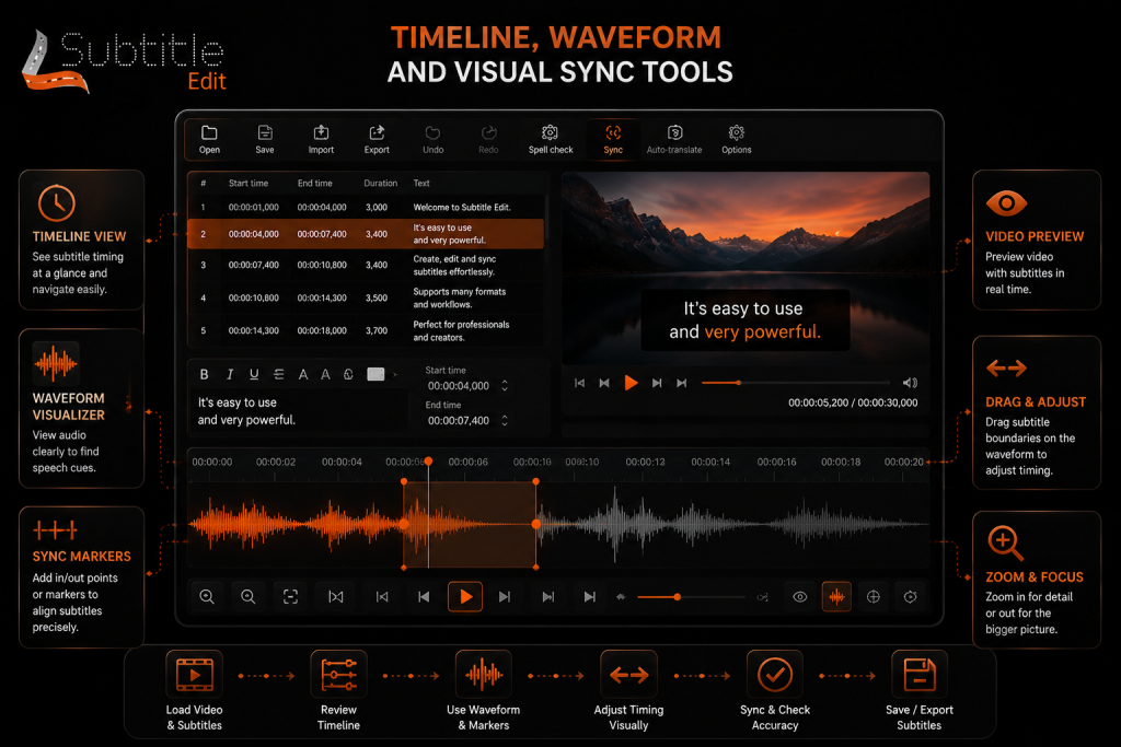Subtitle editing software UI mockup
