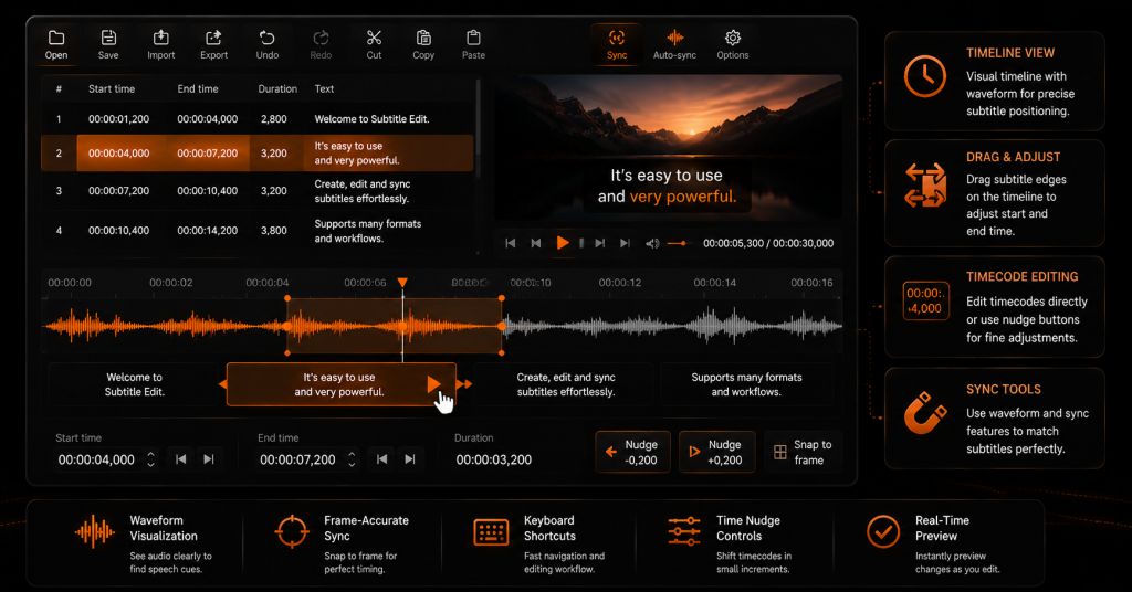 Subtitle editor UI concept mockup